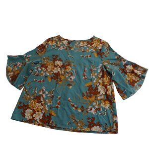 Grawell Green Brown Floral Bell 3/4 Sleeve Blouse Top Women Size XL US Size 12